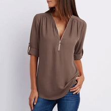 Load image into Gallery viewer, V Neck Zipper Patchwork Plain Blouses