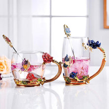 Load image into Gallery viewer, Enamel Rose Glass Tea Cup Set (With Spoon)