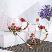 Load image into Gallery viewer, Enamel Rose Glass Tea Cup Set (With Spoon)