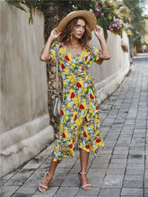 Load image into Gallery viewer, Casual Floral V Neck Short Sleeve Asymmetrical Long Dress