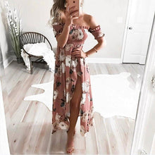 Load image into Gallery viewer, Off Shoulder Shirred Slit Floral Maxi Dress