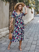 Load image into Gallery viewer, Casual Floral V Neck Short Sleeve Asymmetrical Long Dress