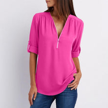 Load image into Gallery viewer, V Neck Zipper Patchwork Plain Blouses