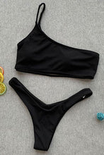 Load image into Gallery viewer, New Ribbed High Cut One Shoulder Thong Bikini Swimsuit in Black.MC