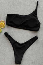 Load image into Gallery viewer, New Ribbed High Cut One Shoulder Thong Bikini Swimsuit in Black.MC