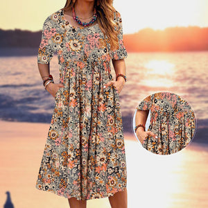 Scoop Neck Floral Printed Pockets Midi Dress